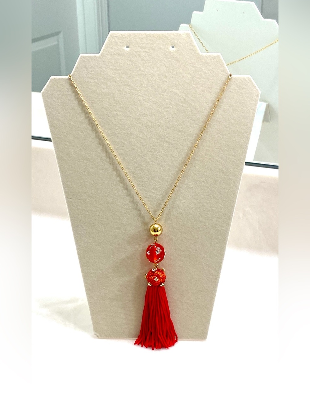J. Crew Gold-Tone Long Necklace with Red Bead and Tassel